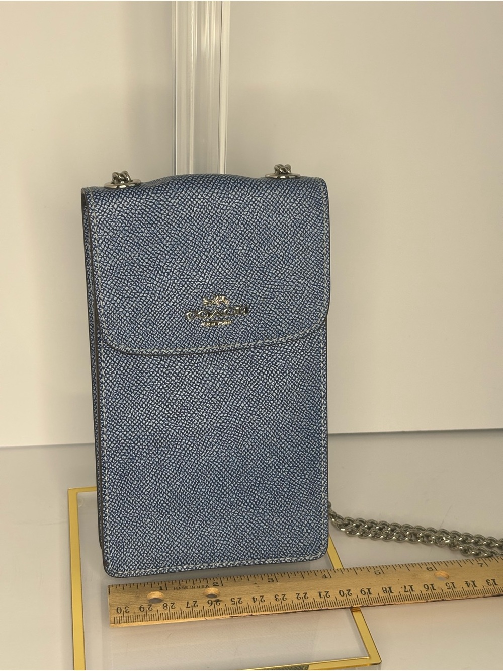 Coach Light Blue Leather Phone Crossbody with Silver Chain